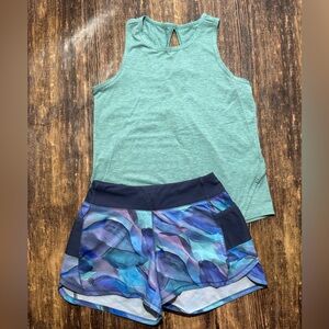 Athleta Girl 8/10 Green Tank Top and Blue Patterned Shorts